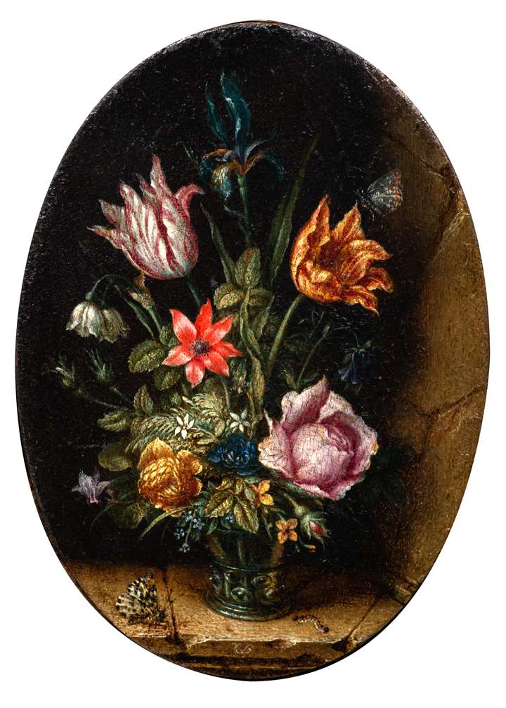 A Still-Life of Flowers in a Glass, with insects upon a stone ledge